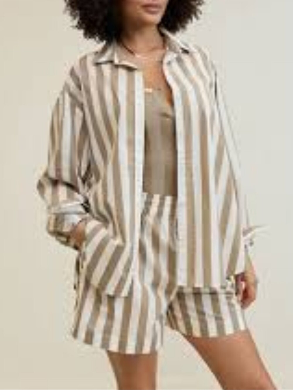 Aerie Brown And White Button Down And Shorts Lounge Set.